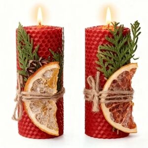 2 Christmas Festive Red Candle with Dried Citrus  Greenery, handcrafted 4" tall